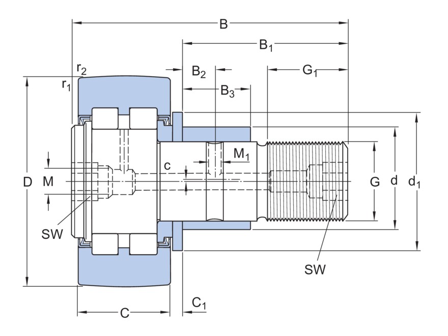 Опорный ролик с цапфой на основе роликоподшипника с эксцентриковым кольцом, встроенным уплотнением и элементами для повторного смазывания