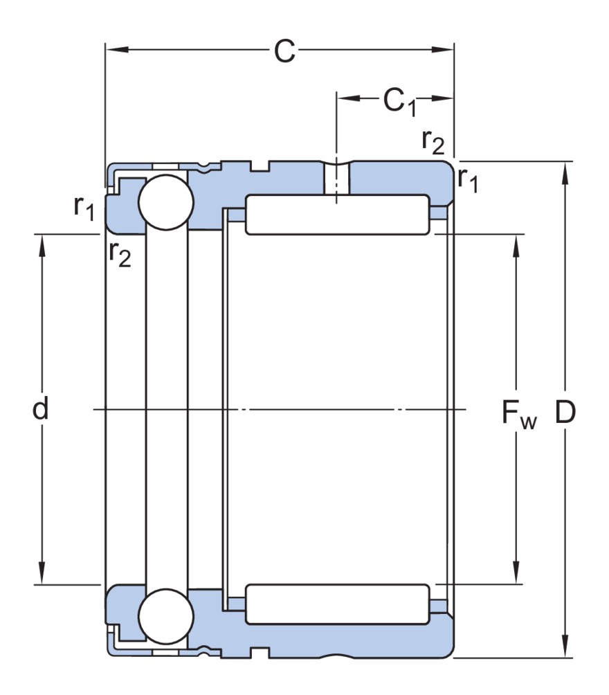 Комбинированный игольчатый роликоподшипник/упорный шарикоподшипник (бессепараторная упорная часть) с крышкой и отверстиями для смазывания