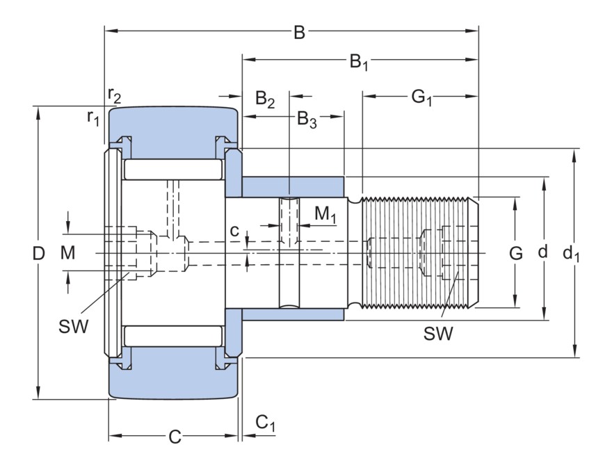 Опорный ролик с цапфой на основе роликоподшипника с эксцентриковым кольцом, встроенным уплотнением и элементами для повторного смазывания
