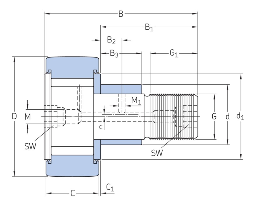 Опорный ролик с цапфой на основе роликоподшипника с эксцентриковым кольцом, встроенным уплотнением и элементами для повторного смазывания