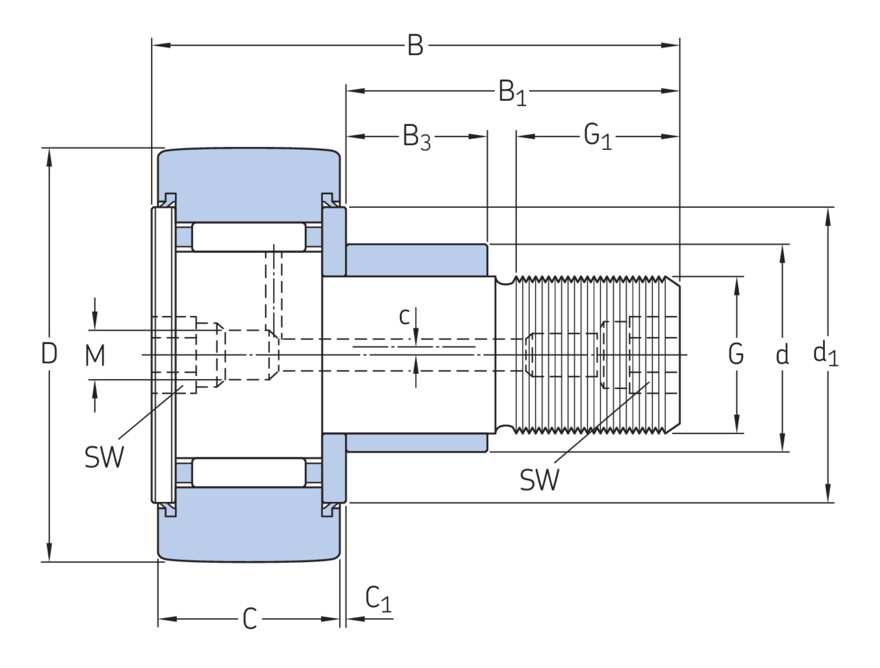 Опорный ролик с цапфой на основе роликоподшипника с эксцентриковым кольцом, встроенным уплотнением и элементами для повторного смазывания