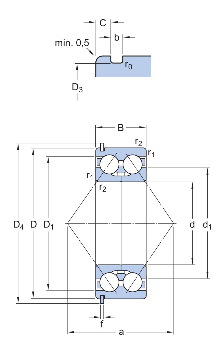 Двухрядный радиально-упорный шарикоподшипник со стопорным кольцом и разъёмным внутренним кольцом