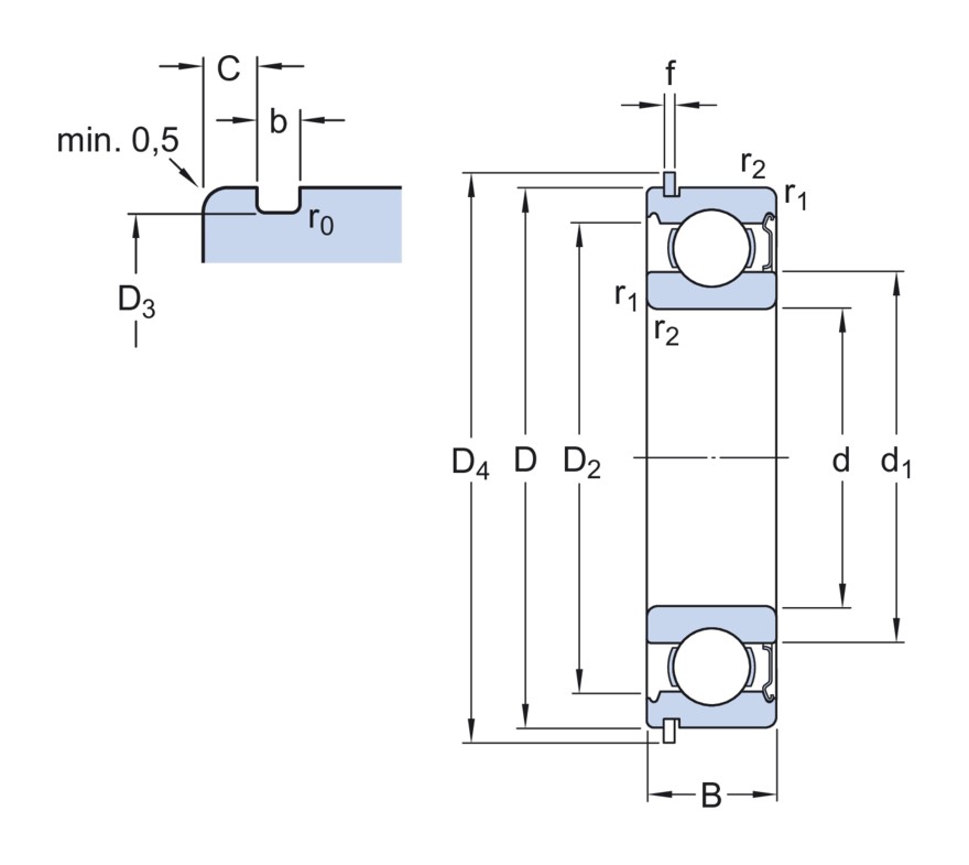 Радиальный шарикоподшипник со стопорным кольцом и встроенным уплотнением