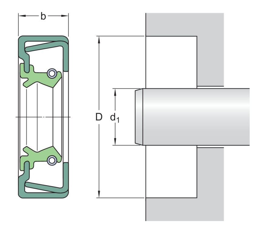 Манжетное уплотнение с двойным металлическим корпусом, однокромочным уплотнением и вспомогательной контактной кромкой, для жидкой или пластичной смазки, метрические размеры