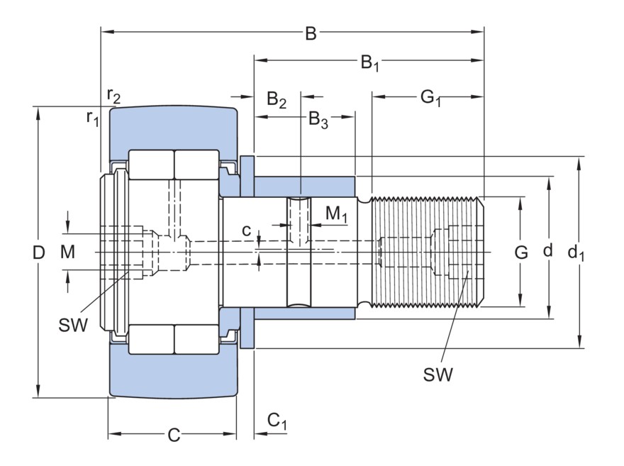 Опорный ролик с цапфой на основе роликоподшипника с эксцентриковым кольцом, встроенным уплотнением и элементами для повторного смазывания