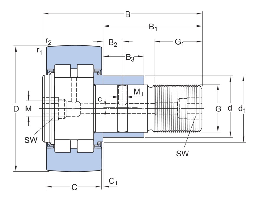 Опорный ролик с цапфой на основе роликоподшипника с эксцентриковым кольцом, встроенным уплотнением и элементами для повторного смазывания