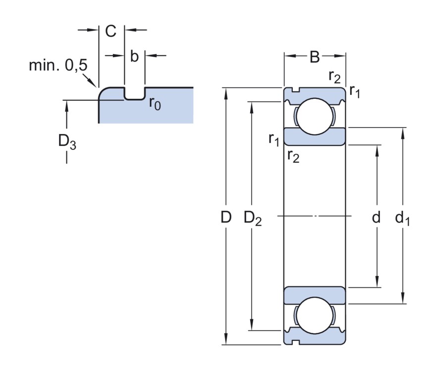 Радиальный шарикоподшипник с канавкой под стопорное кольцо