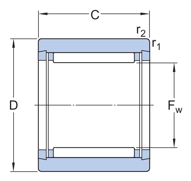 Однорядный игольчатый роликоподшипник с механически обработанными кольцами, с бортами, без внутреннего кольца