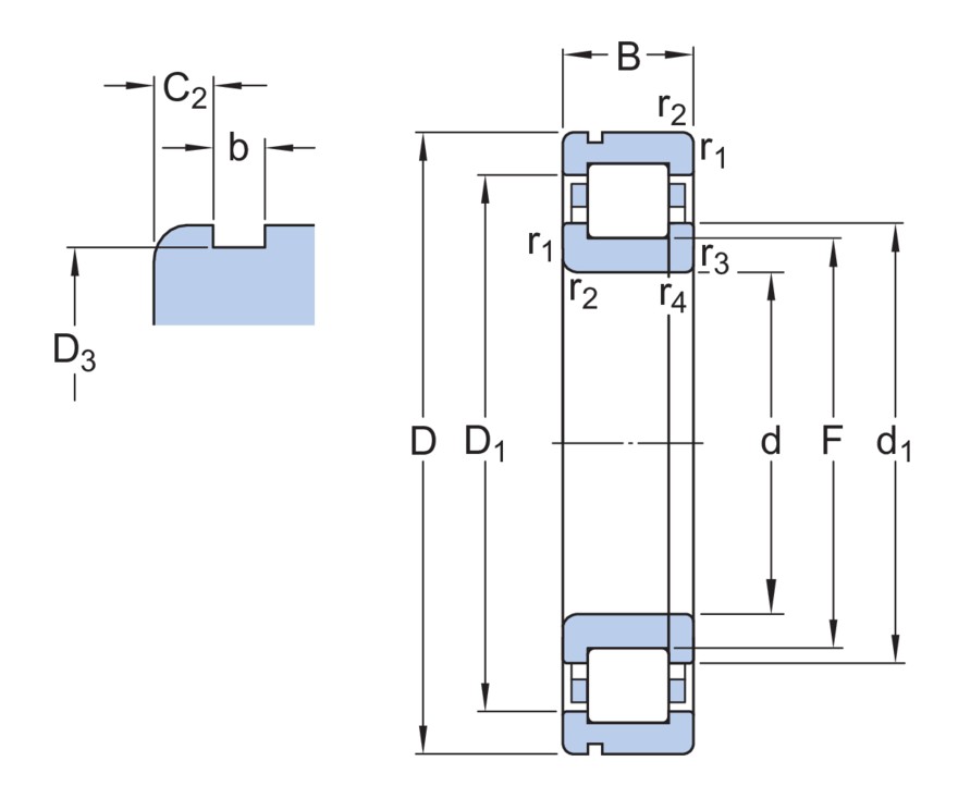 Однорядный цилиндрический роликоподшипник типа NUP с канавкой под стопорное кольцо