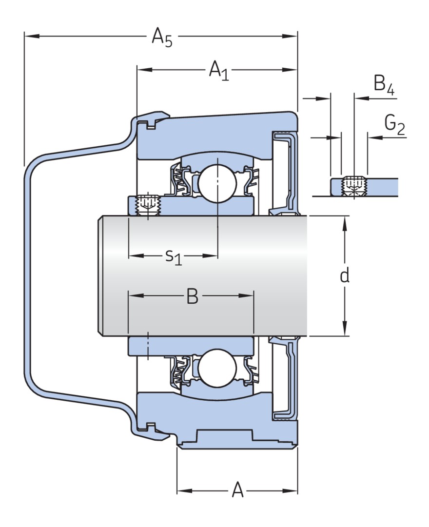 Стационарный шарикоподшипниковый узел с коротким основанием с узким внутренним кольцом и фиксацией с помощью установочных винтов, композит