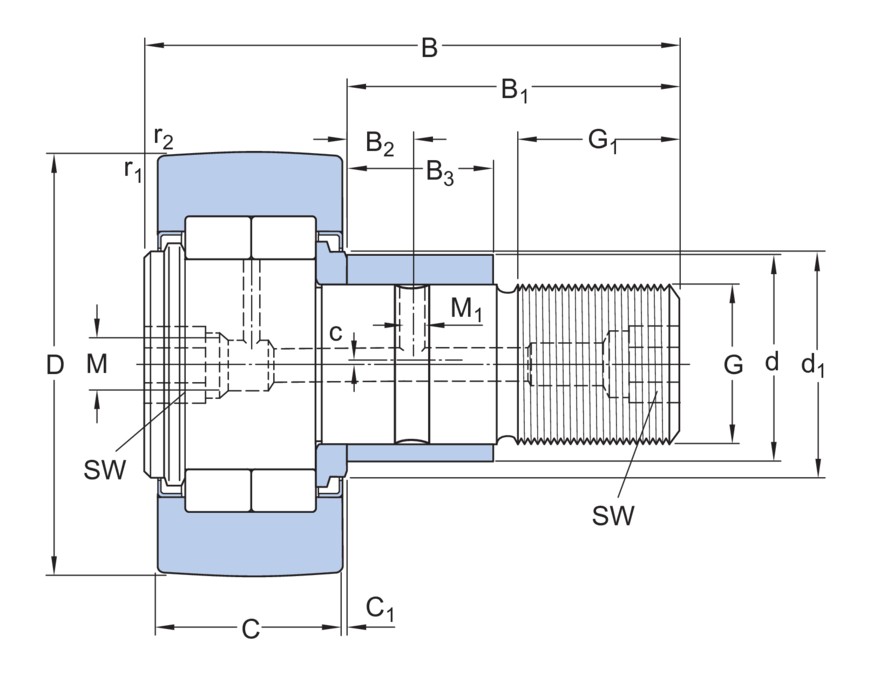 Опорный ролик с цапфой на основе роликоподшипника с эксцентриковым кольцом, встроенным уплотнением и элементами для повторного смазывания