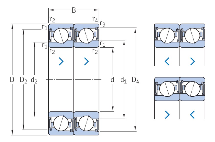 Согласованный комплект двух прецизионных высокоскоростных однорядных радиально-упорных шарикоподшипников типа E с уплотнениями