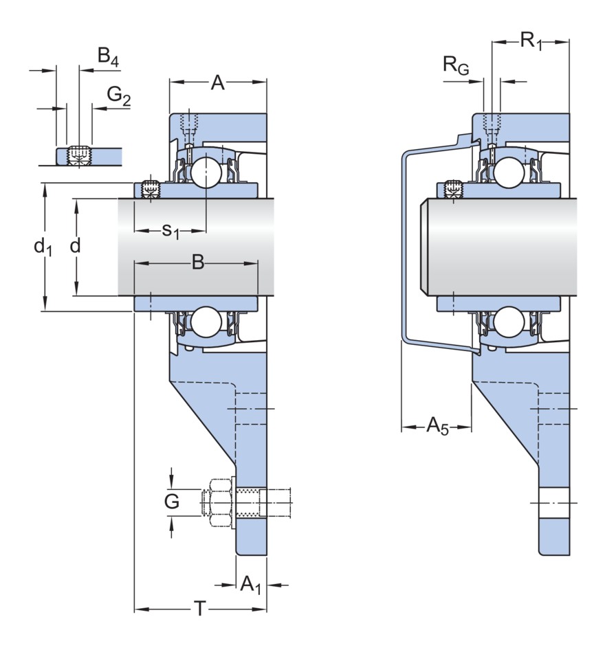 Шарикоподшипниковый узел с фланцем с тремя крепёжными болтами, с широким внутренним кольцом и фиксацией с помощью установочных винтов, чугун, стандарты JIS