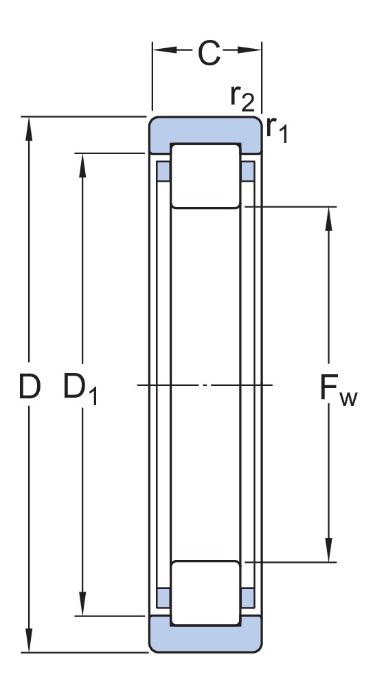 Однорядный цилиндрический роликоподшипник типа NU без внутреннего кольца