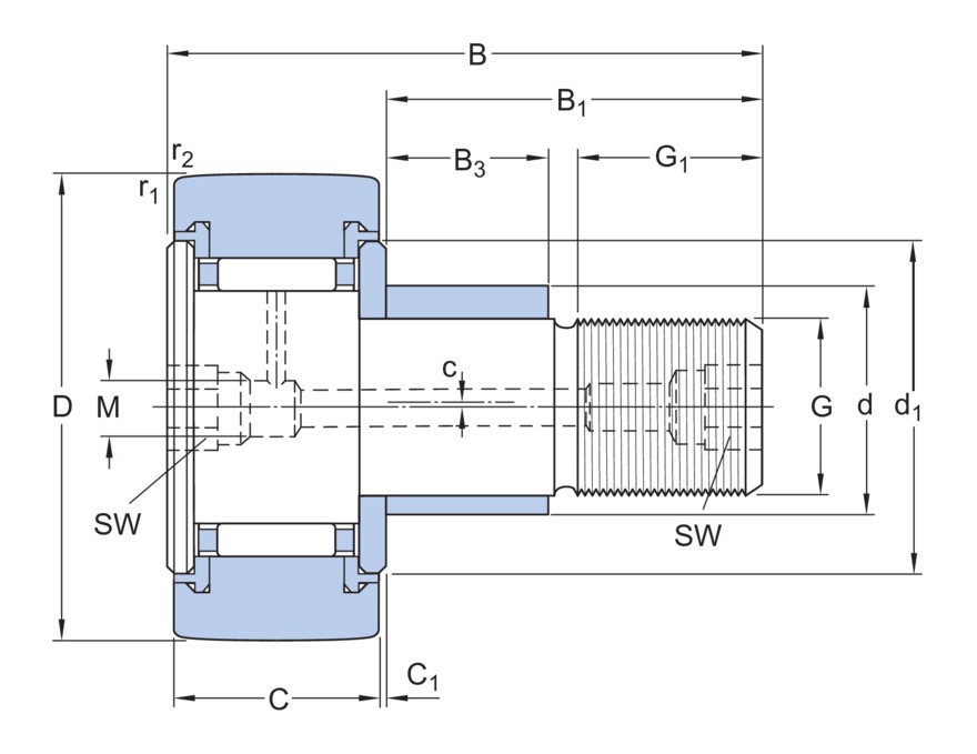 Опорный ролик с цапфой на основе роликоподшипника с эксцентриковым кольцом, встроенным уплотнением и элементами для повторного смазывания