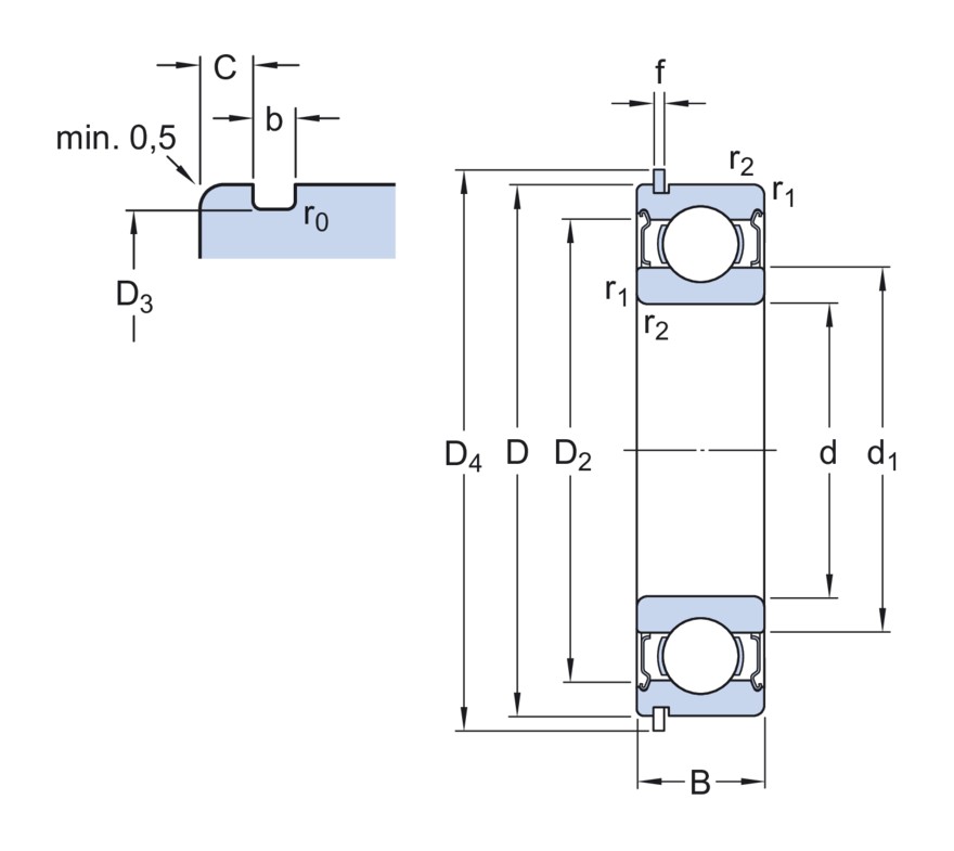 Радиальный шарикоподшипник со стопорным кольцом и встроенным уплотнением